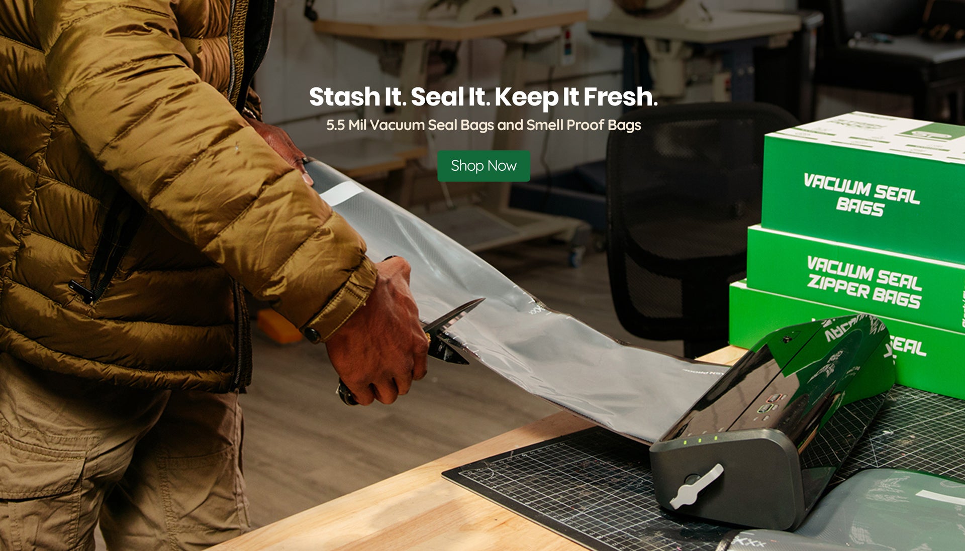 Man cutting vacuum seal bag, text reads 